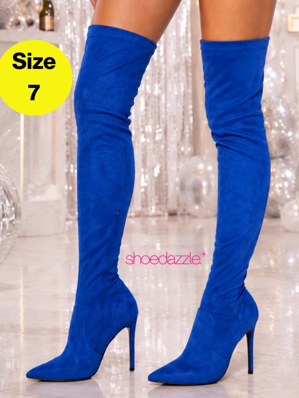 SHOEDAZZLE 🦋 Thigh-High, Vibrant Royal Blue Women's Stiletto Boots (Women’s 7)